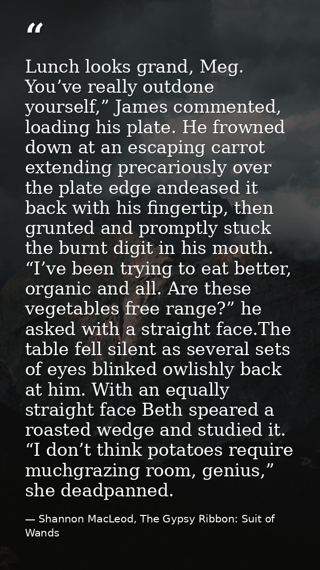 Lunch looks grand, Meg. You’ve really outdone yourself,” James commented, loading his plate. He frowned down at an escap — Shannon MacLeod, The Gypsy Ribbon: Suit of Wands
