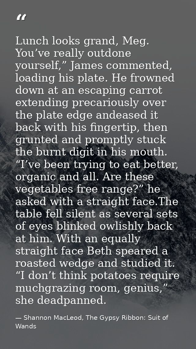 Lunch looks grand, Meg. You’ve really outdone yourself,” James commented, loading his plate. He frowned down at an escap — Shannon MacLeod, The Gypsy Ribbon: Suit of Wands