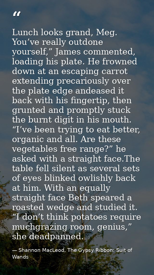 Lunch looks grand, Meg. You’ve really outdone yourself,” James commented, loading his plate. He frowned down at an escap — Shannon MacLeod, The Gypsy Ribbon: Suit of Wands