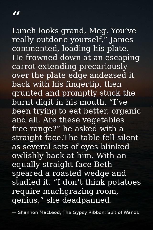 Lunch looks grand, Meg. You’ve really outdone yourself,” James commented, loading his plate. He frowned down at an escap — Shannon MacLeod, The Gypsy Ribbon: Suit of Wands