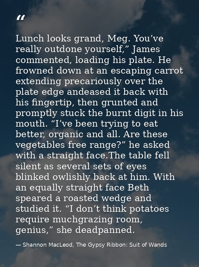 Lunch looks grand, Meg. You’ve really outdone yourself,” James commented, loading his plate. He frowned down at an escap — Shannon MacLeod, The Gypsy Ribbon: Suit of Wands
