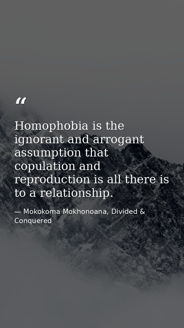 Homophobia is the ignorant and arrogant assumption that copulation and reproduction is all there is to a relationship. — Mokokoma Mokhonoana, Divided & Conquered
