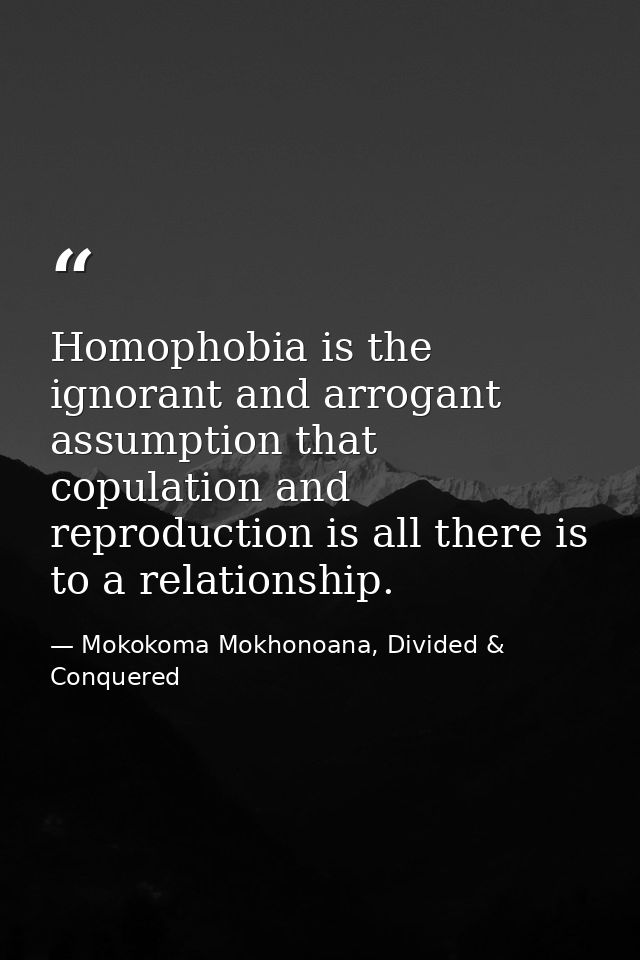 Homophobia is the ignorant and arrogant assumption that copulation and reproduction is all there is to a relationship. — Mokokoma Mokhonoana, Divided & Conquered