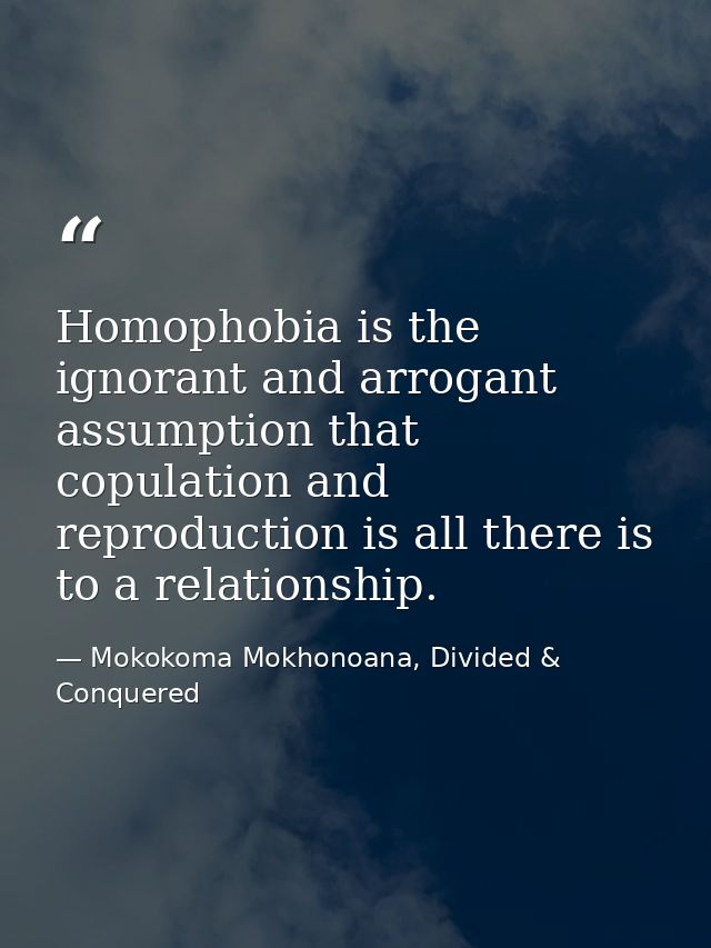 Homophobia is the ignorant and arrogant assumption that copulation and reproduction is all there is to a relationship. — Mokokoma Mokhonoana, Divided & Conquered