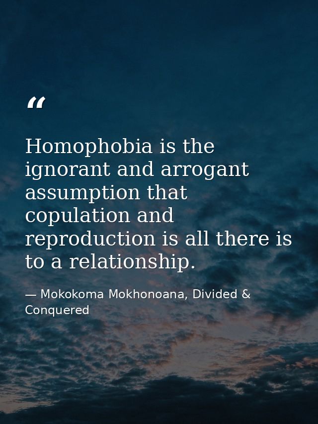 Homophobia is the ignorant and arrogant assumption that copulation and reproduction is all there is to a relationship. — Mokokoma Mokhonoana, Divided & Conquered