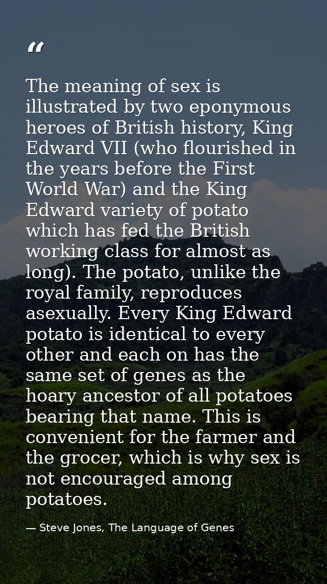 The meaning of sex is illustrated by two eponymous heroes of British history, King Edward VII (who flourished in the yea — Steve Jones, The Language of Genes