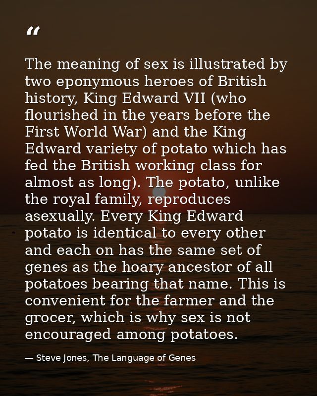 The meaning of sex is illustrated by two eponymous heroes of British history, King Edward VII (who flourished in the yea — Steve Jones, The Language of Genes
