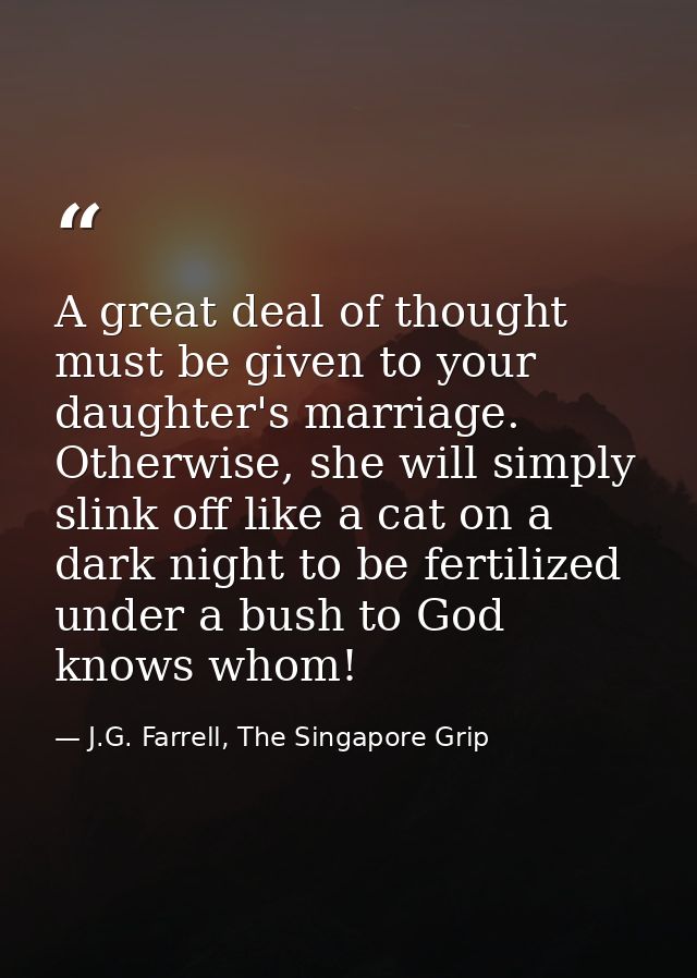 A great deal of thought must be given to your daughter's marriage. Otherwise, she will simply slink off like a cat on a  — J.G. Farrell, The Singapore Grip