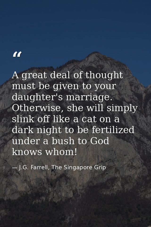 A great deal of thought must be given to your daughter's marriage. Otherwise, she will simply slink off like a cat on a  — J.G. Farrell, The Singapore Grip