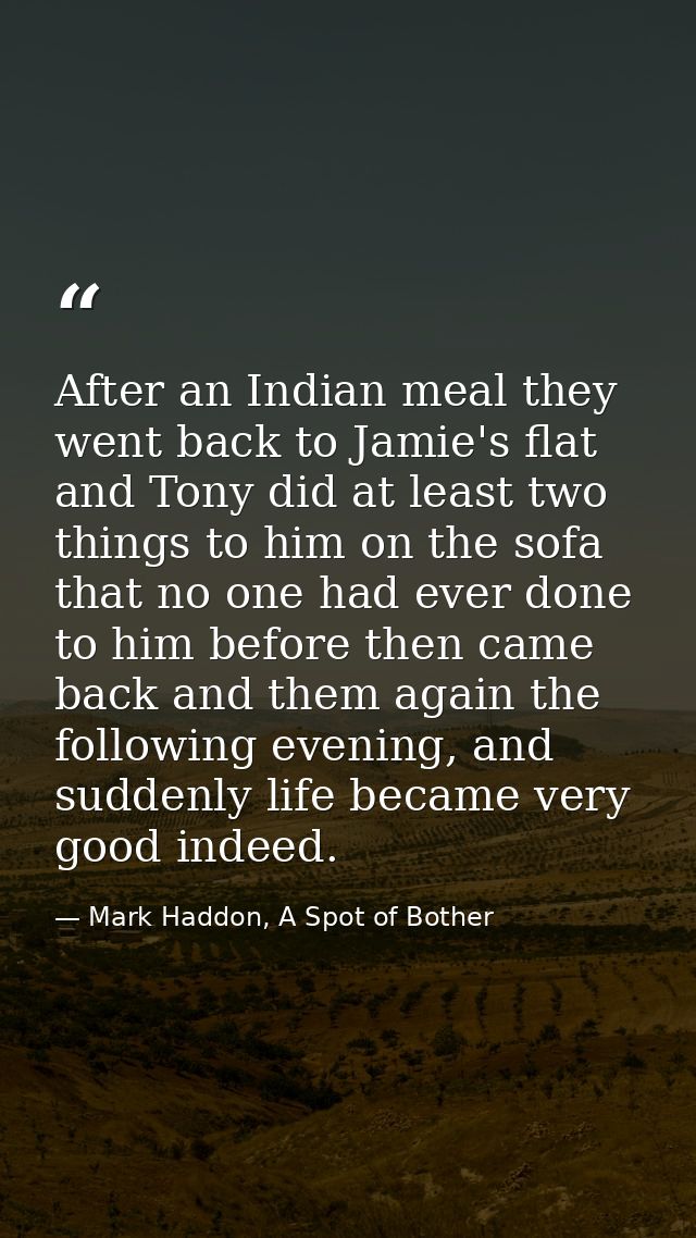 After an Indian meal they went back to Jamie's flat and Tony did at least two things to him on the sofa that no one had  — Mark Haddon, A Spot of Bother