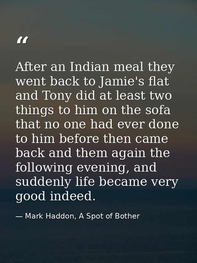After an Indian meal they went back to Jamie's flat and Tony did at least two things to him on the sofa that no one had  — Mark Haddon, A Spot of Bother