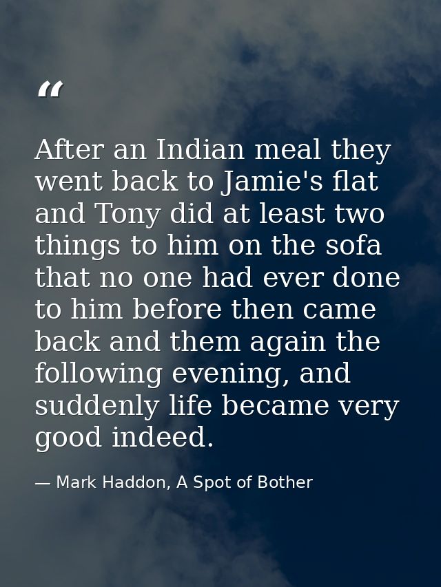 After an Indian meal they went back to Jamie's flat and Tony did at least two things to him on the sofa that no one had  — Mark Haddon, A Spot of Bother