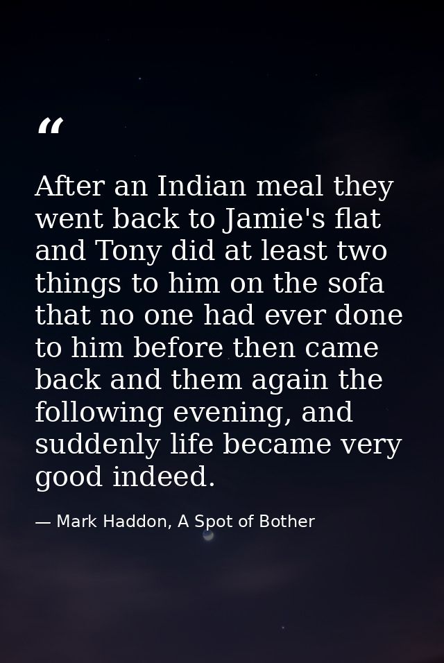 After an Indian meal they went back to Jamie's flat and Tony did at least two things to him on the sofa that no one had  — Mark Haddon, A Spot of Bother