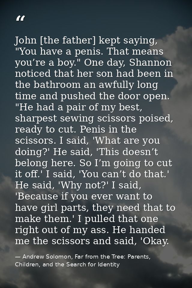 John [the father] kept saying, "You have a penis. That means you’re a boy." One day, Shannon noticed that her son had be — Andrew Solomon, Far from the Tree: Parents, Children, and the Search for Identity