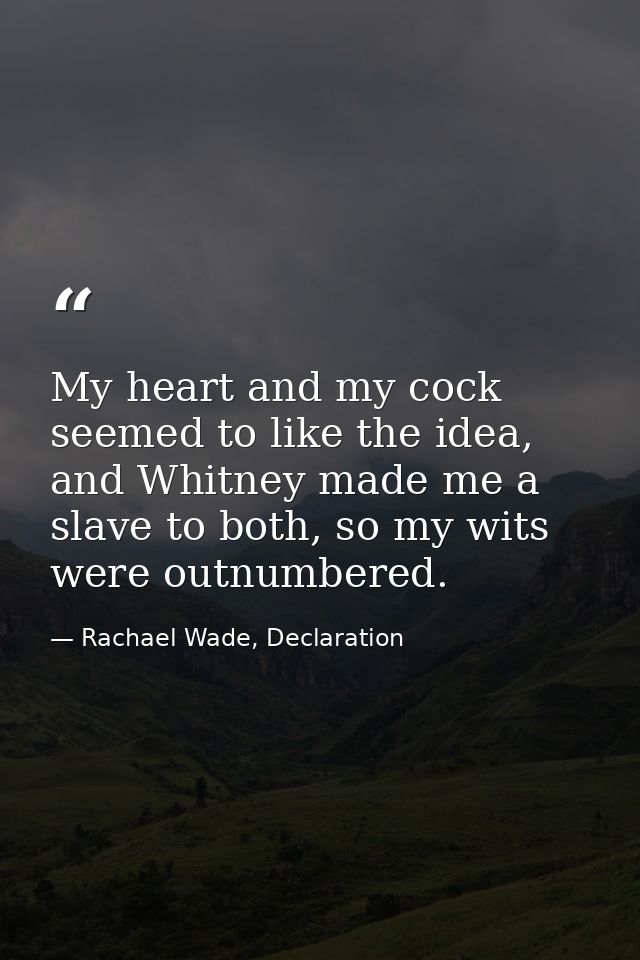My heart and my cock seemed to like the idea, and Whitney made me a slave to both, so my wits were outnumbered. — Rachael Wade, Declaration