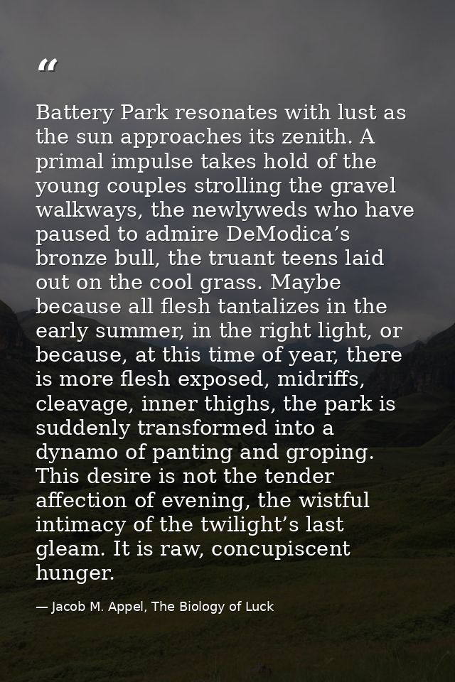Battery Park resonates with lust as the sun approaches its zenith. A primal impulse takes hold of the young couples stro — Jacob M. Appel, The Biology of Luck