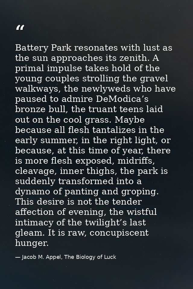 Battery Park resonates with lust as the sun approaches its zenith. A primal impulse takes hold of the young couples stro — Jacob M. Appel, The Biology of Luck