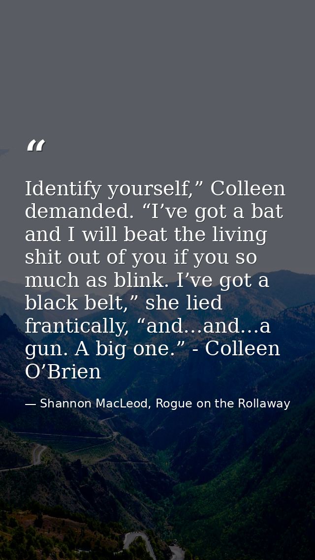 Identify yourself,” Colleen demanded. “I’ve got a bat and I will beat the living shit out of you if you so much as blink — Shannon MacLeod, Rogue on the Rollaway