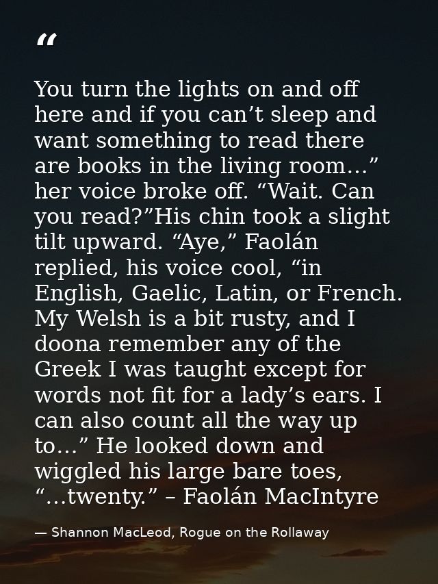 You turn the lights on and off here and if you can’t sleep and want something to read there are books in the living room — Shannon MacLeod, Rogue on the Rollaway