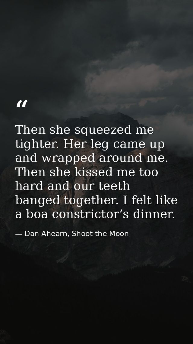 Then she squeezed me tighter. Her leg came up and wrapped around me. Then she kissed me too hard and our teeth banged to — Dan Ahearn, Shoot the Moon