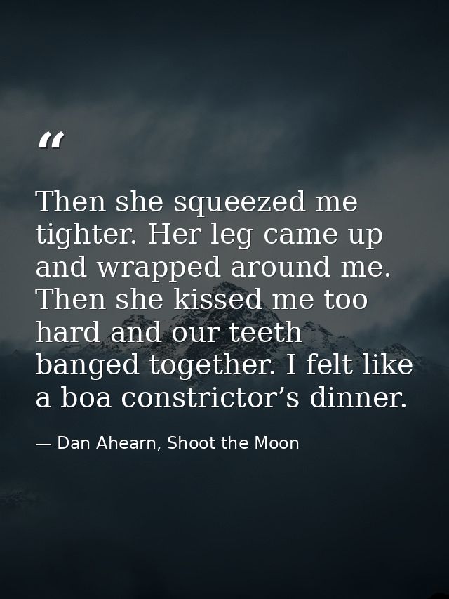 Then she squeezed me tighter. Her leg came up and wrapped around me. Then she kissed me too hard and our teeth banged to — Dan Ahearn, Shoot the Moon