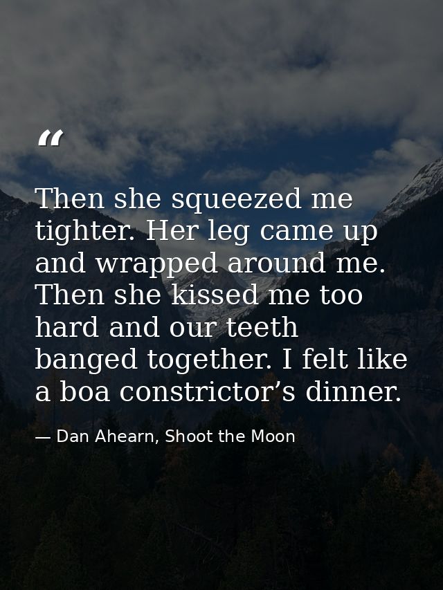 Then she squeezed me tighter. Her leg came up and wrapped around me. Then she kissed me too hard and our teeth banged to — Dan Ahearn, Shoot the Moon