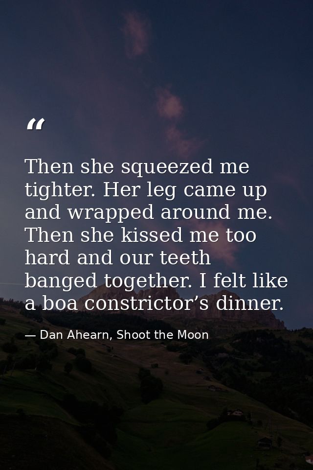 Then she squeezed me tighter. Her leg came up and wrapped around me. Then she kissed me too hard and our teeth banged to — Dan Ahearn, Shoot the Moon