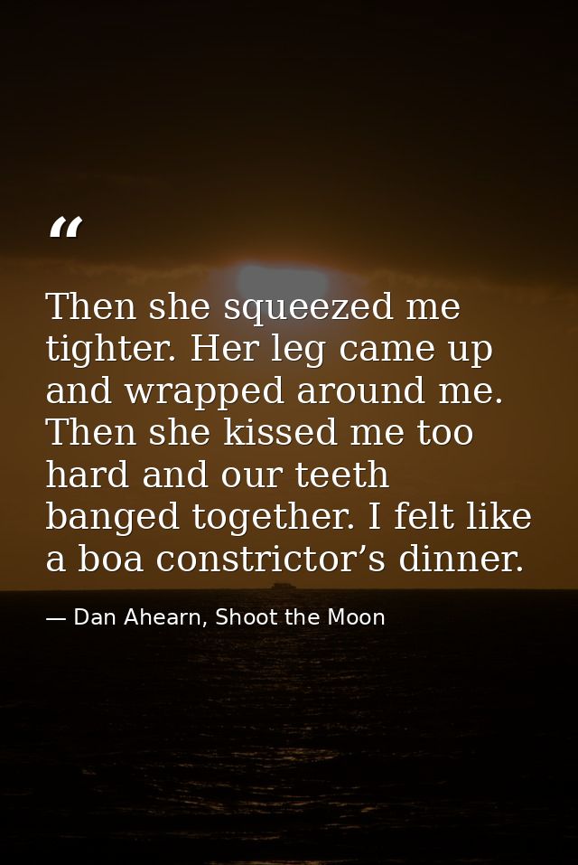 Then she squeezed me tighter. Her leg came up and wrapped around me. Then she kissed me too hard and our teeth banged to — Dan Ahearn, Shoot the Moon