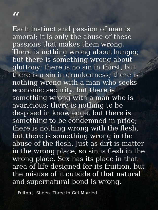 Each instinct and passion of man is amoral; it is only the abuse of these passions that makes them wrong. There is nothi — Fulton J. Sheen, Three to Get Married