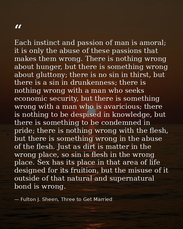Each instinct and passion of man is amoral; it is only the abuse of these passions that makes them wrong. There is nothi — Fulton J. Sheen, Three to Get Married