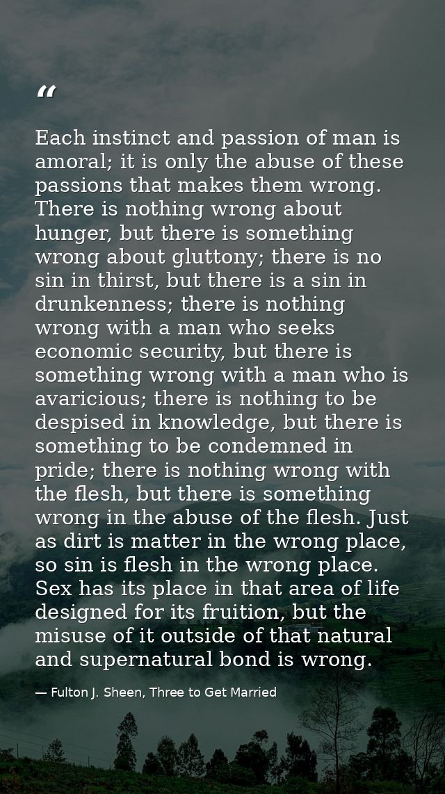 Each instinct and passion of man is amoral; it is only the abuse of these passions that makes them wrong. There is nothi — Fulton J. Sheen, Three to Get Married