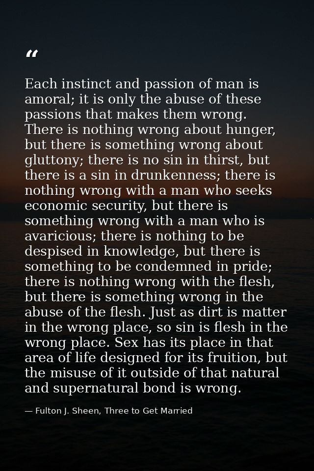 Each instinct and passion of man is amoral; it is only the abuse of these passions that makes them wrong. There is nothi — Fulton J. Sheen, Three to Get Married