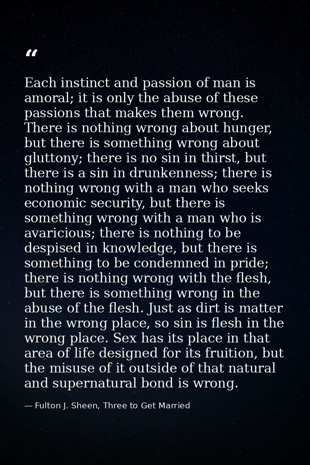 Each instinct and passion of man is amoral; it is only the abuse of these passions that makes them wrong. There is nothi — Fulton J. Sheen, Three to Get Married