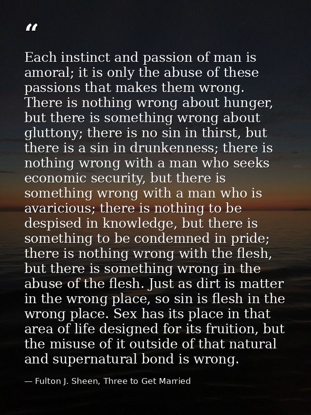 Each instinct and passion of man is amoral; it is only the abuse of these passions that makes them wrong. There is nothi — Fulton J. Sheen, Three to Get Married