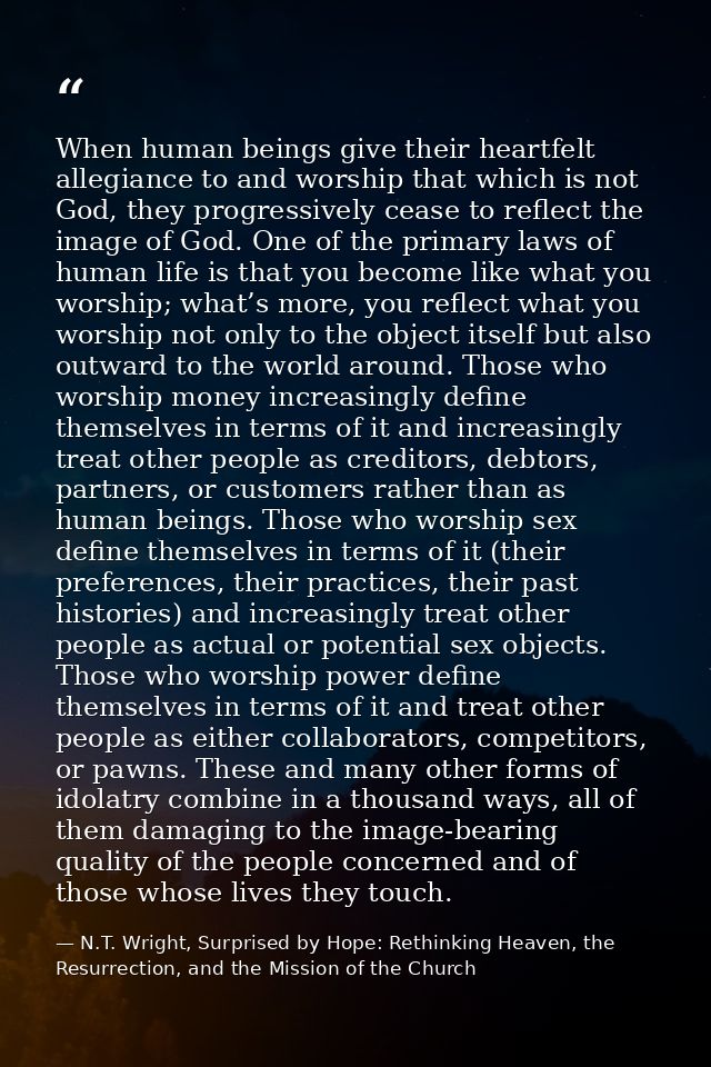 When human beings give their heartfelt allegiance to and worship that which is not God, they progressively cease to refl — N.T. Wright, Surprised by Hope: Rethinking Heaven, the Resurrection, and the Mission of the Church
