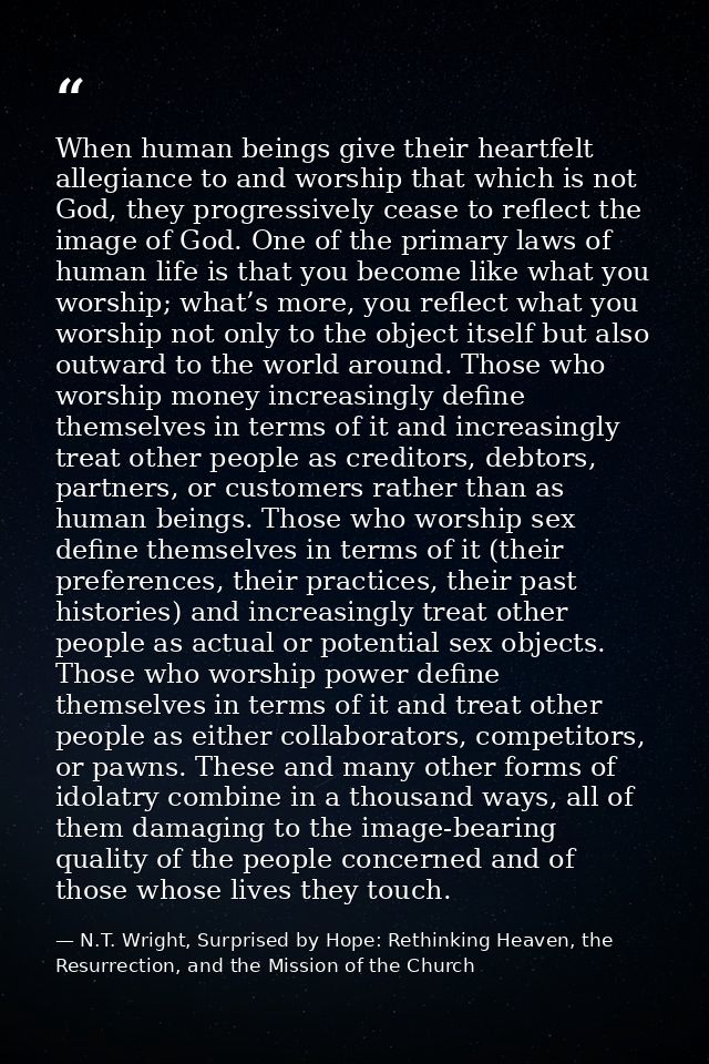 When human beings give their heartfelt allegiance to and worship that which is not God, they progressively cease to refl — N.T. Wright, Surprised by Hope: Rethinking Heaven, the Resurrection, and the Mission of the Church