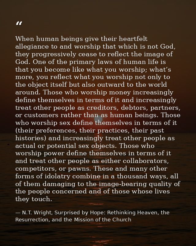 When human beings give their heartfelt allegiance to and worship that which is not God, they progressively cease to refl — N.T. Wright, Surprised by Hope: Rethinking Heaven, the Resurrection, and the Mission of the Church