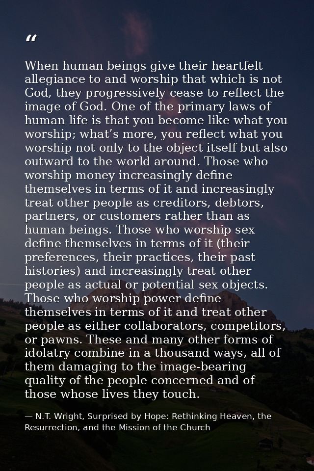 When human beings give their heartfelt allegiance to and worship that which is not God, they progressively cease to refl — N.T. Wright, Surprised by Hope: Rethinking Heaven, the Resurrection, and the Mission of the Church