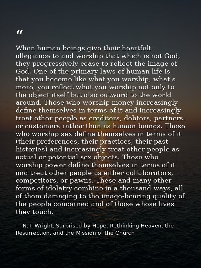 When human beings give their heartfelt allegiance to and worship that which is not God, they progressively cease to refl — N.T. Wright, Surprised by Hope: Rethinking Heaven, the Resurrection, and the Mission of the Church