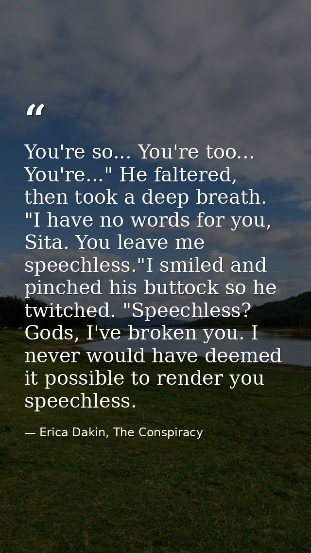 You're so... You're too... You're..." He faltered, then took a deep breath. "I have no words for you, Sita. You leave me — Erica Dakin, The Conspiracy