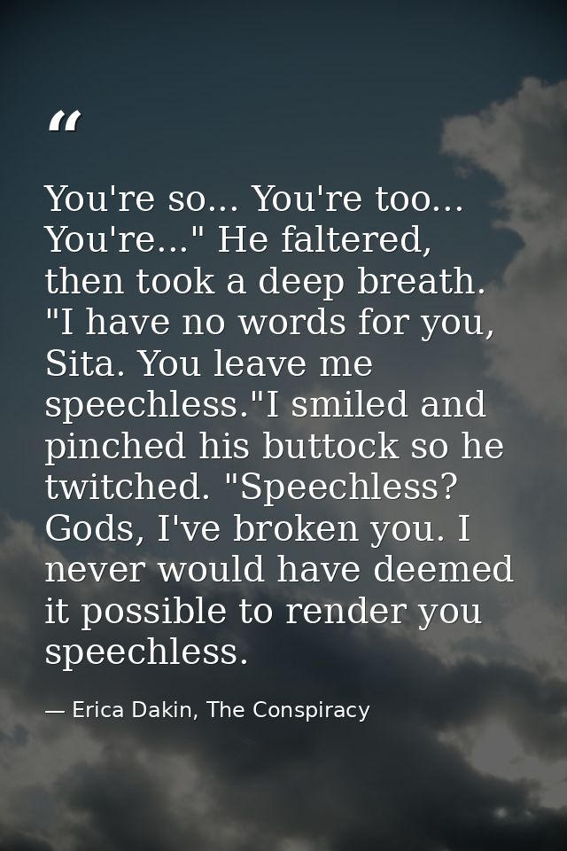 You're so... You're too... You're..." He faltered, then took a deep breath. "I have no words for you, Sita. You leave me — Erica Dakin, The Conspiracy