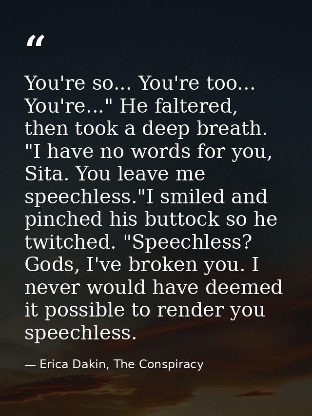 You're so... You're too... You're..." He faltered, then took a deep breath. "I have no words for you, Sita. You leave me — Erica Dakin, The Conspiracy