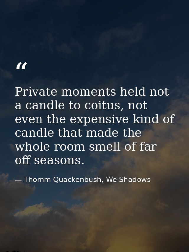 Private moments held not a candle to coitus, not even the expensive kind of candle that made the whole room smell of far — Thomm Quackenbush, We Shadows