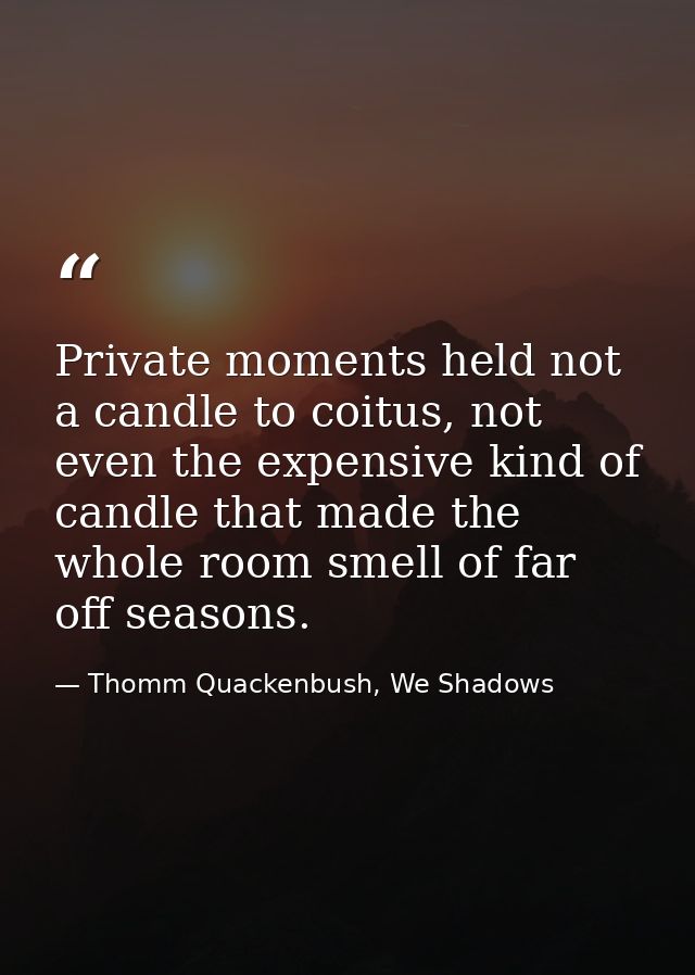 Private moments held not a candle to coitus, not even the expensive kind of candle that made the whole room smell of far — Thomm Quackenbush, We Shadows