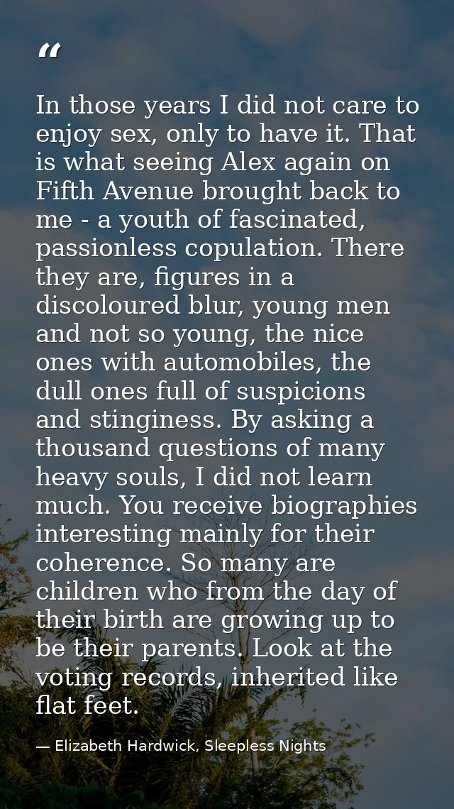 In those years I did not care to enjoy sex, only to have it. That is what seeing Alex again on Fifth Avenue brought back — Elizabeth Hardwick, Sleepless Nights