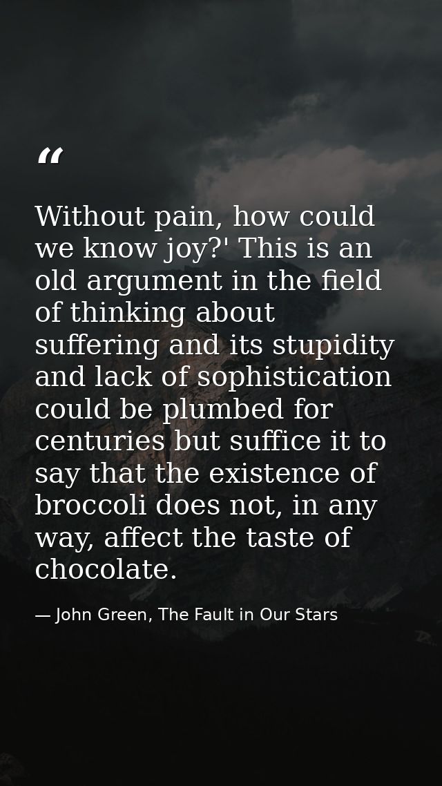 Without pain, how could we know joy?' This is an old argument in the field of thinking about suffering and its stupidity — John Green, The Fault in Our Stars