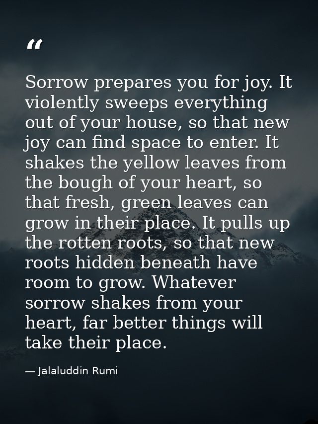 Sorrow prepares you for joy. It violently sweeps everything out of your house, so that new joy can find space to enter.  — Jalaluddin Rumi