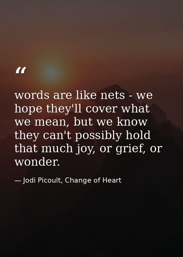 words are like nets - we hope they'll cover what we mean, but we know they can't possibly hold that much joy, or grief,  — Jodi Picoult, Change of Heart