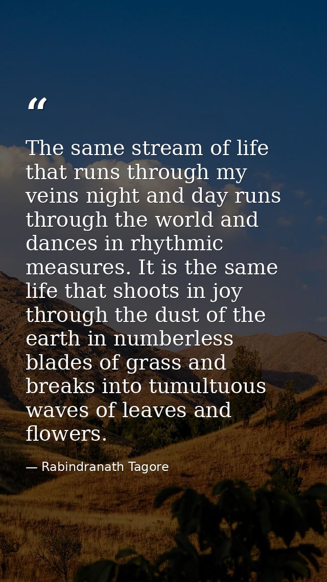 The same stream of life that runs through my veins night and day runs through the world and dances in rhythmic measures. — Rabindranath Tagore