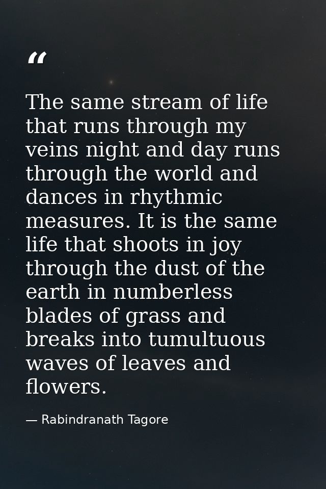 The same stream of life that runs through my veins night and day runs through the world and dances in rhythmic measures. — Rabindranath Tagore